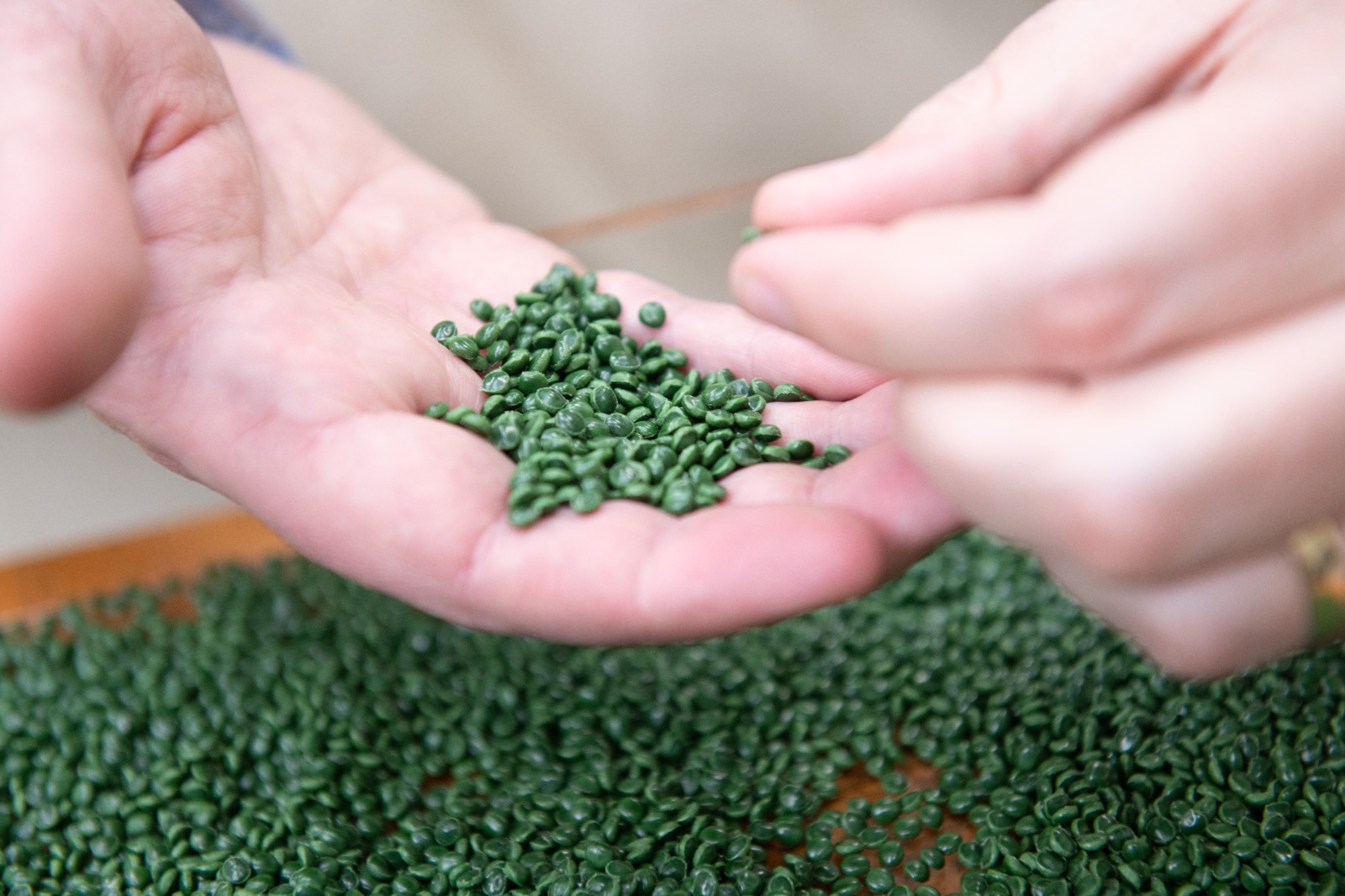 Recycled polymer pellets held in two hands